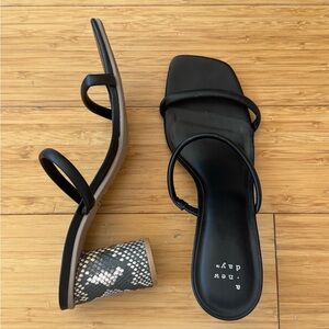 Black Strappy Sandals with Snake Print Heel